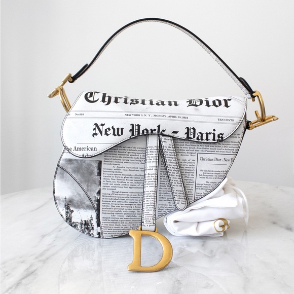 Rare Christian Dior 2024 Newspaper Print White Black Calfskin Saddle Bag - Picture 8 of 16